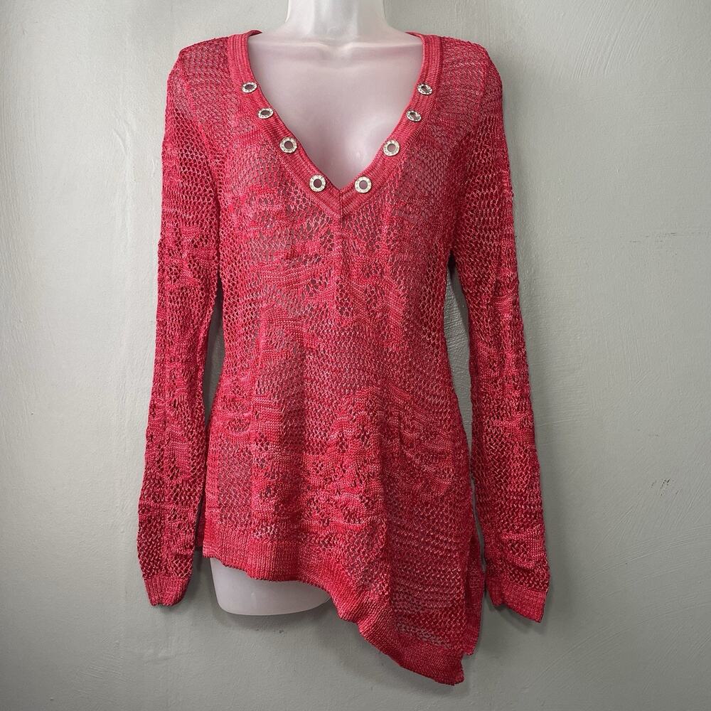 INC Crochet Tunic Top Size M Red Metallic Asymmetric Open Knit Fishnet Mesh Y2K
